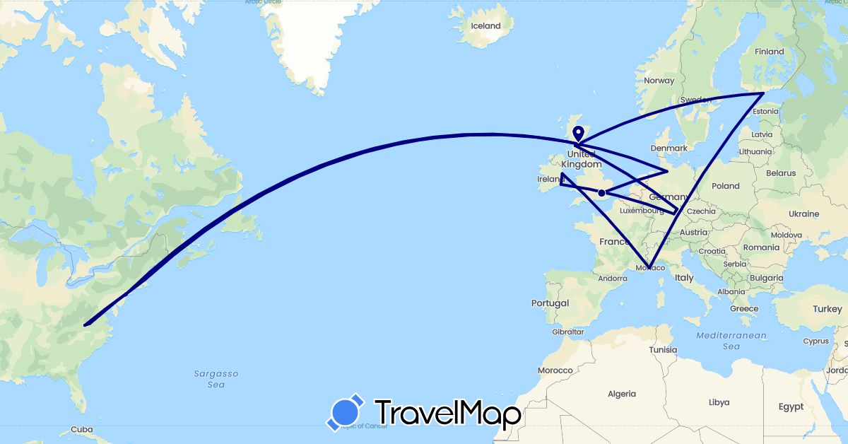 TravelMap itinerary: driving in Germany, Finland, France, United Kingdom, Ireland, United States (Europe, North America)